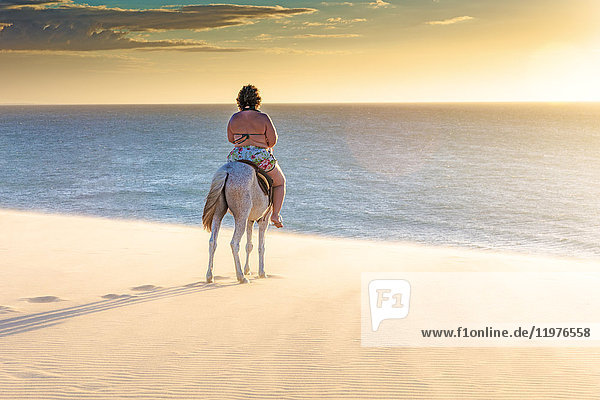 Frau reitet Pferd am Strand  Rückansicht  Jericoacoara  Ceara  Brasilien  Südamerika