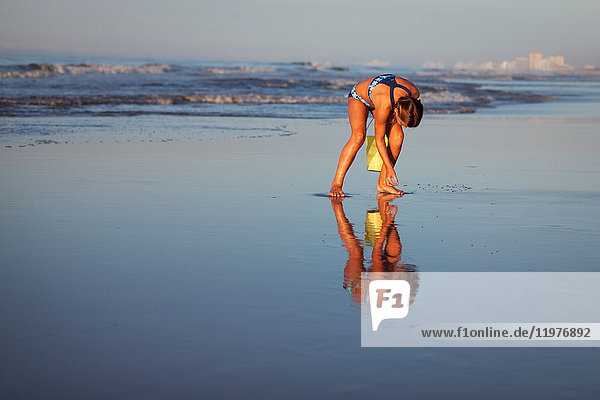 Mädchen am Strand beim Muschelpflücken,  North Myrtle Beach,  South Carolina,  Vereinigte Staaten,  Nordamerika