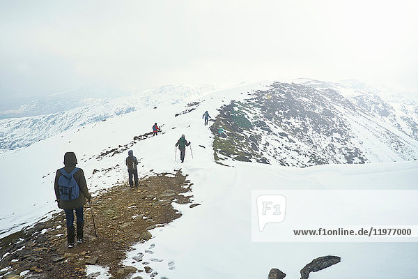 Wanderer auf schneebedecktem Berg  Coniston  Cumbria  Vereinigtes Königreich