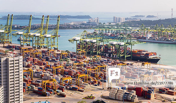 Draufsicht auf Containerterminal  Kräne und Containerschiff  Singapur  Südostasien