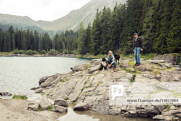 Couple with dogs hiking by lake  Tirol  Steiermark  Austria  Europe