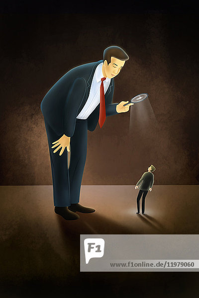 Illustration eines großen Geschäftsmannes mit Vergrößerungsglas  der einen Mann ansieht  der für die Einstellung von Personal steht.