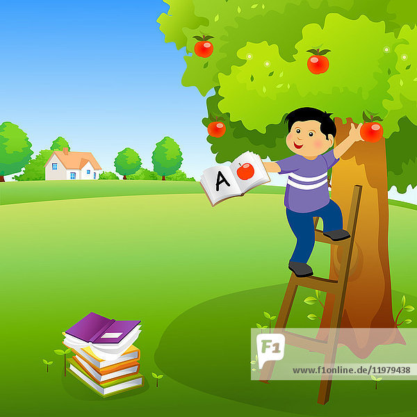 Junge hält ein Buch und klettert auf einen Apfelbaum  Illustration.