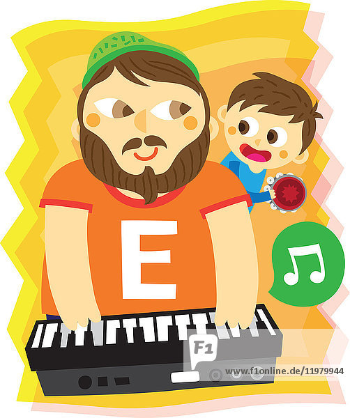 Illustration von Vater und Sohn  die ein Musikinstrument spielen und dabei den Buchstaben E lernen.
