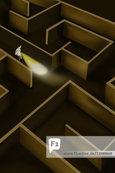 Illustration eines Geschäftsmannes  der einen Weg im Labyrinth sucht.