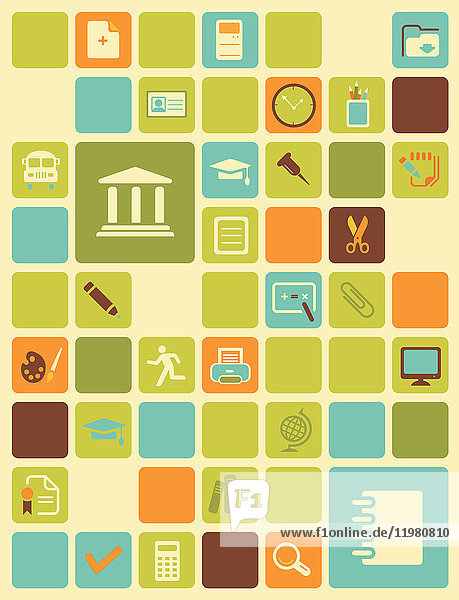 Illustration von Bildungssymbolen auf farbigem Hintergrund.