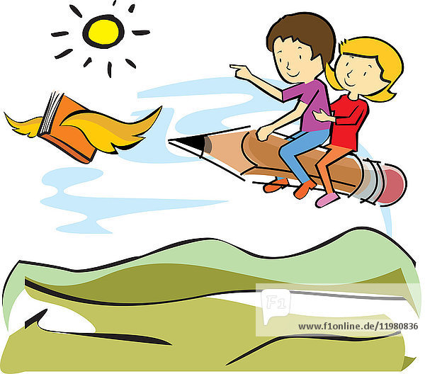 Children riding a pencil flying behind a book  illustration.