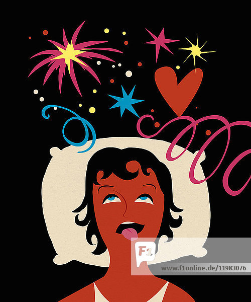 Ecstatic woman in bed seeing stars and fireworks