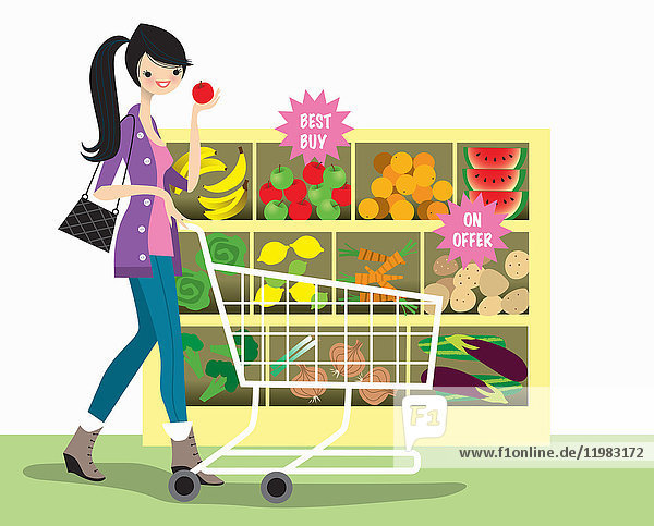 Junge Frau beim Einkaufen von günstigem Obst und Gemüse im Supermarkt