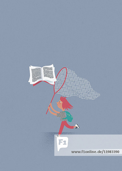 Young girl chasing flying book with butterfly net