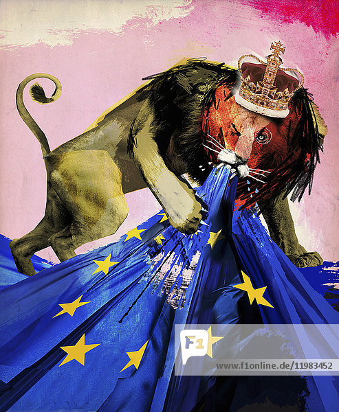 Britischer Löwe zerreißt Flagge der Europäischen Union