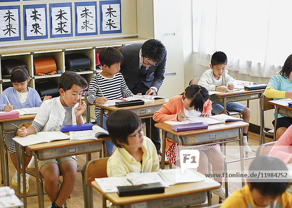 Japanese elementary school kids in the classroom