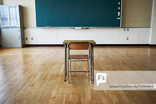 Chair and blackboard in empty classroom