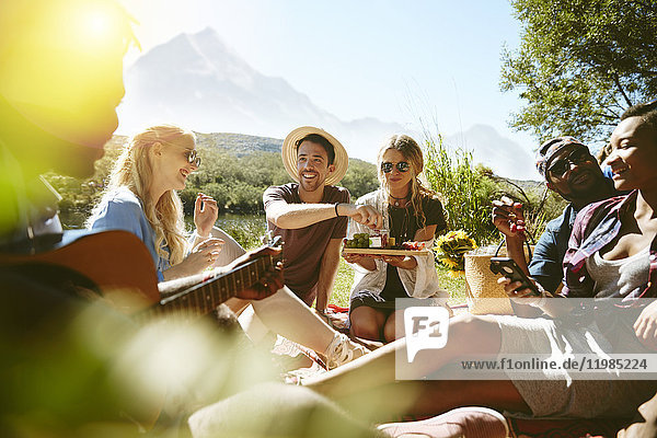Junge Freunde beim Picknick im sonnigen Sommerpark