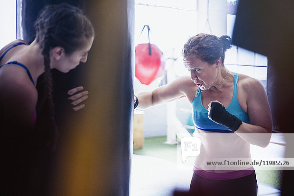 Determined  tough female boxers boxing at punching bag in gym