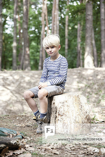 Boy in forest sitting on tree stump