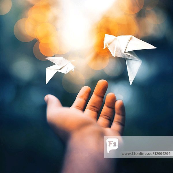 Zwei fliegende Origami-Vögel und Hand