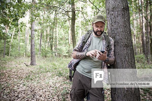 Man with backpack on a hiking trip in forest using cell phone