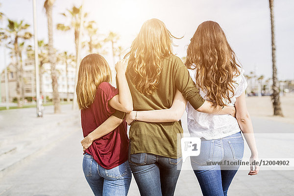 Rückansicht von drei Freundinnen  die auf der Strandpromenade spazieren gehen.
