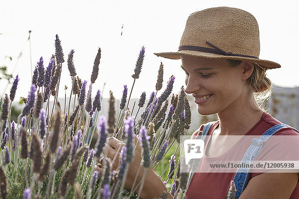 Smiling woman wearing straw hat in lavender field