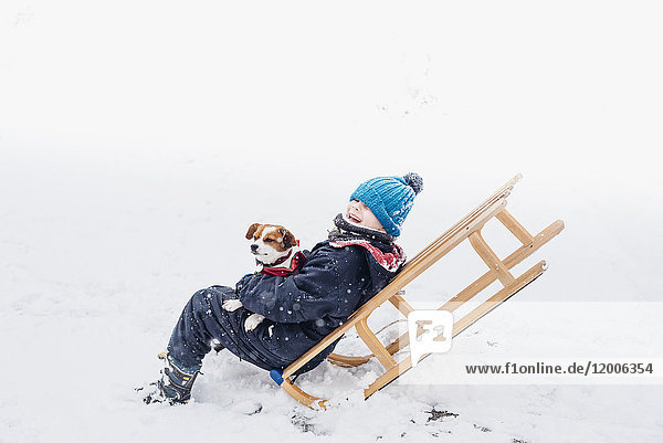 Kleiner Junge mit seinem Hund auf einem Schlitten im Schnee