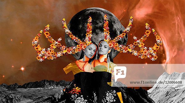 Zwei abstrakte junge erwachsene Frauen mit drei Monden  Zoomeffekt