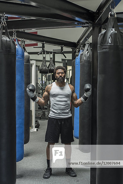 Serious black boxer posing in gymnasium