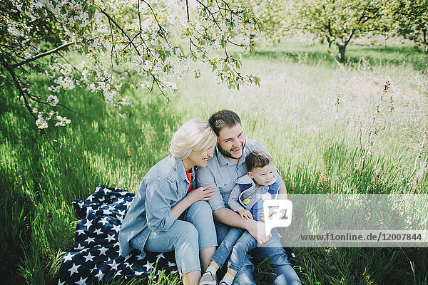 Kaukasische Mehrgenerationenfamilie sitzt auf einer Decke im Gras
