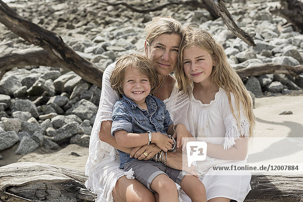 Caucasian family sitting on driftwood at beach