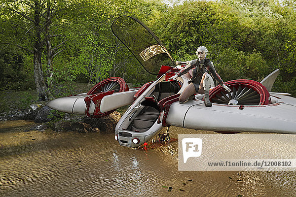 Kaukasische Frau steht auf der Tragfläche eines futuristischen Flugzeugs im Fluss