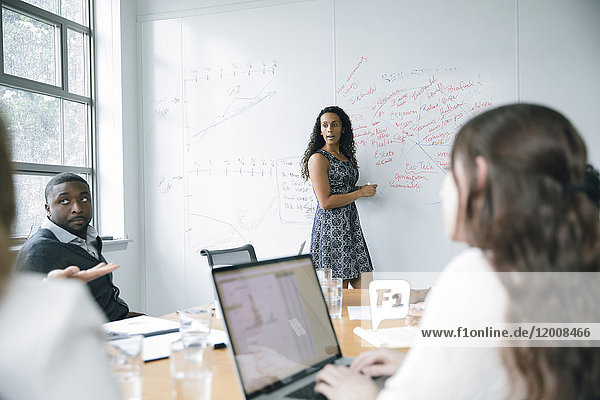 Businesswoman talking at whiteboard in meeting