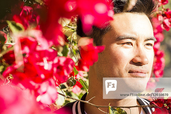 Porträt eines lächelnden chinesischen Mannes neben einem blühenden Baum
