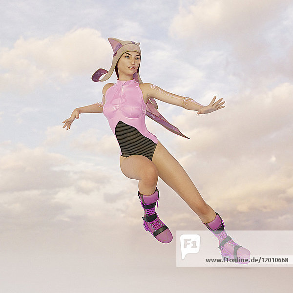 Futuristische Frau mit schwebenden Stiefeln im Himmel