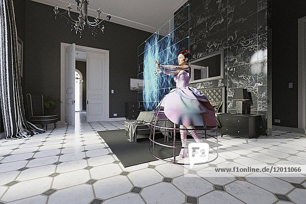 Frau in Kleid im Schlafzimmer mit virtuellem Bildschirm