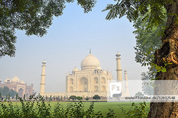 Außenansicht des Taj Mahal-Palastes und des Mausoleums,  eines UNESCO-Weltkulturerbes,  eines Palastes mit weißen Marmorwänden,  in die dekorative Details eingelegt sind.