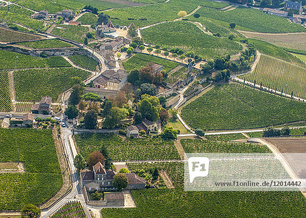 France Gironde aerial view of the Chateau Clos la Magdeleine and its AOC St Emilion vineyard (UNESCO World Heritage)