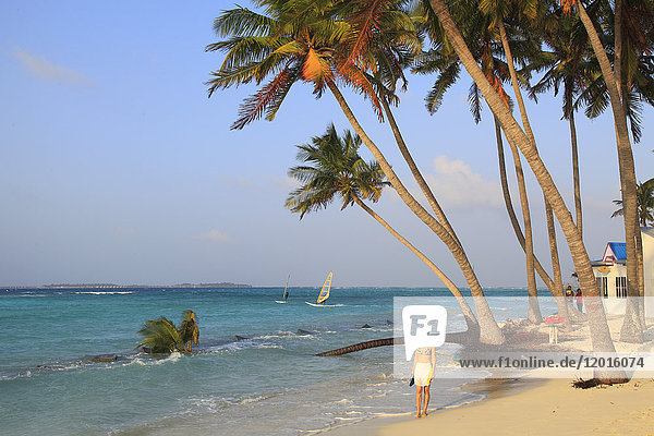 Malediven  Insel Maafushi  Strand  Frau  Windsurfer