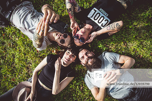 Selfie of a group of young Hipster lying in the grass