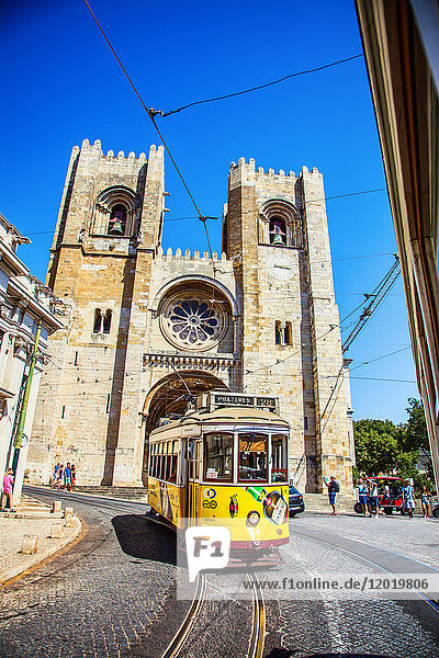Tram line 28 to view the Cathedral of Lisbon  Portugal.