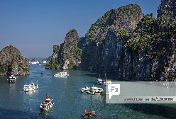 Vietnam  Ha Long Bay  cruise boat in the middle of islets (UNESCO World Heritage)