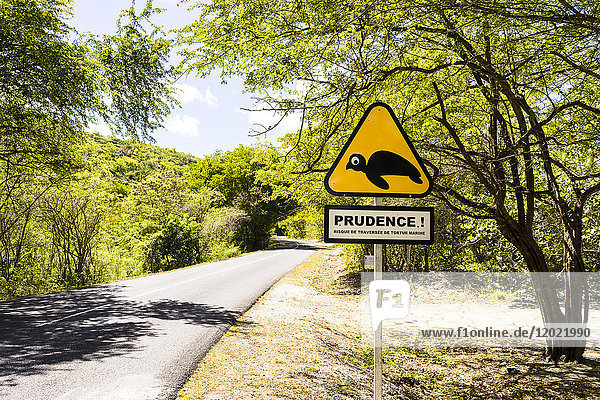 Straßenschild über das Vorkommen von Schildkröten  Saint-Louis  Marie-Galante  Guadeloupe  Frankreich