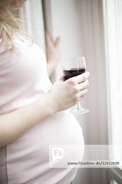 Profil-Nahaufnahme einer schwangeren Frau im 6. Monat  die ein Glas Rotwein in der Hand hält.