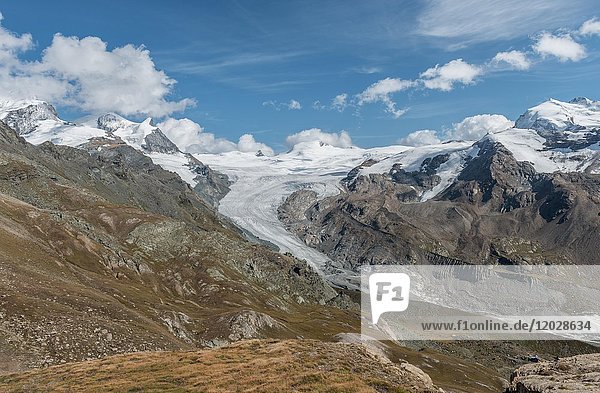Glacier tongue  view from the Unterrothorn to the Findel Glacier  Zermatt  Valais  Switzerland  Europe