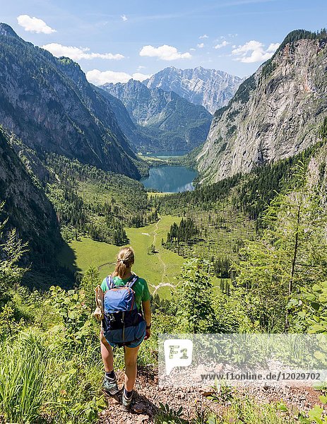 Blick auf den Obersee und Königsee  Wanderer auf dem Röthsteig  im Rücken Watzmann  Berchtesgaden  Oberbayern  Bayern  Deutschland  Europa