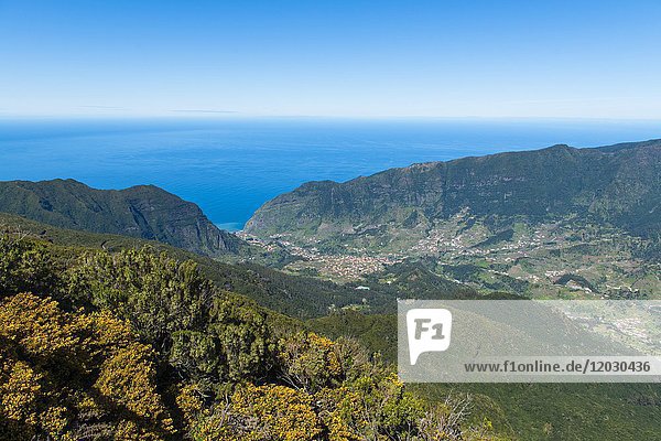 Blick auf den Atlantischen Ozean vom Berg Bica de Cana  Hochebene Paul da Serra  Insel Madeira  Portugal  Europa