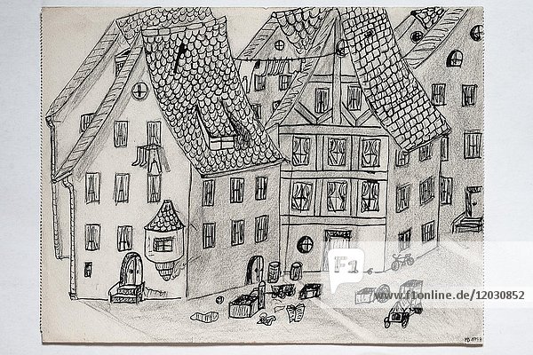 Fachwerkhäuser  Altstadt  Zeichnung  Kinderzeichnung  12 Jahre  Deutschland  Europa