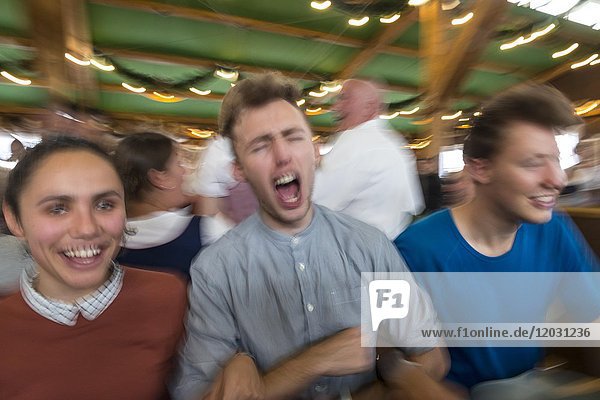 Three young people celebrate happily in a beer tent  Oktoberfest  Munich  Upper Bavaria  Bavaria  Germany  Europe