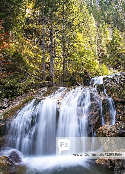 Torrent with waterfall in the Pöllat gorge in autumn  Schwangau  Ostallgäu  Allgäu  Swabia  Bavaria  Germany  Europe