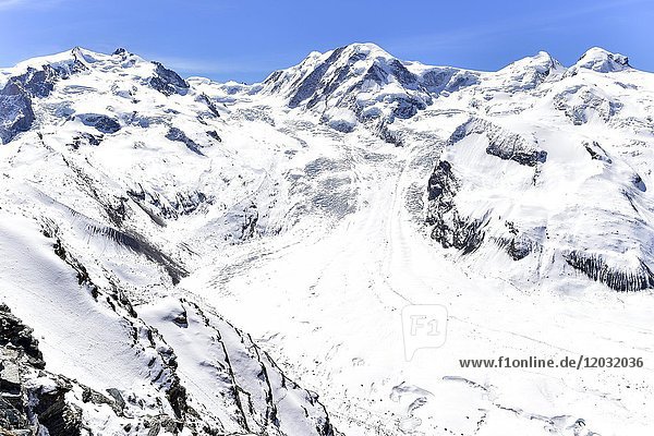 Gornergletscher im Winter  gesehen vom Gornergrat  Zermatt  Schweiz  Europa