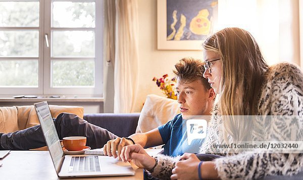 Zwei Studenten sitzen vor einem Laptop und lernen am Computer  München  Deutschland  Europa